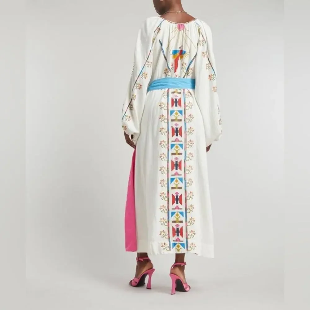 Farm Rio Macaw Embroidered Linen Caftan Midi-Dress